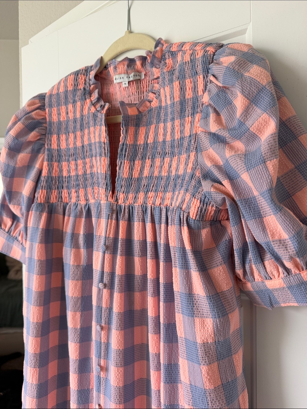 English Factory Coral and Gray Check Smocked Midi Dress - Picture 3 of 4